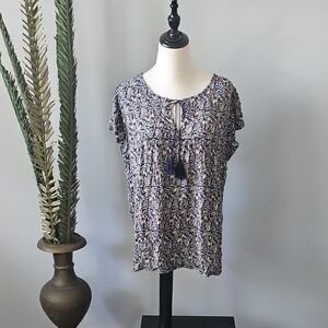 Maurices Navy Blue Floral Print Tie Neck Blouse
